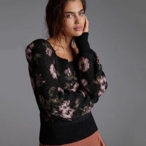 Anthropologie Black Floral Square Neck Puff Sleeve Sweater Women's XS